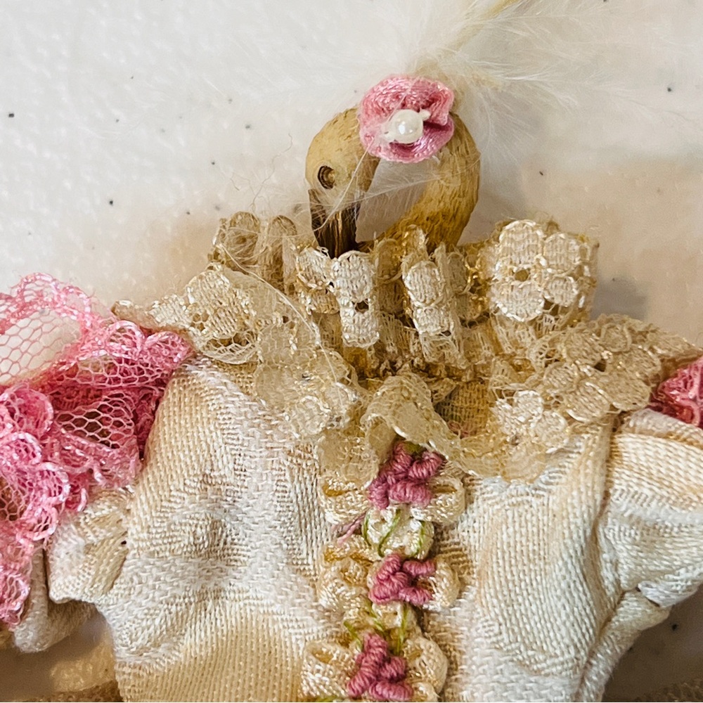 Victorian Dress Ornament Swan Hanger Cream with Pink Florals and Pearl Detail 8" - Picture 5 of 7